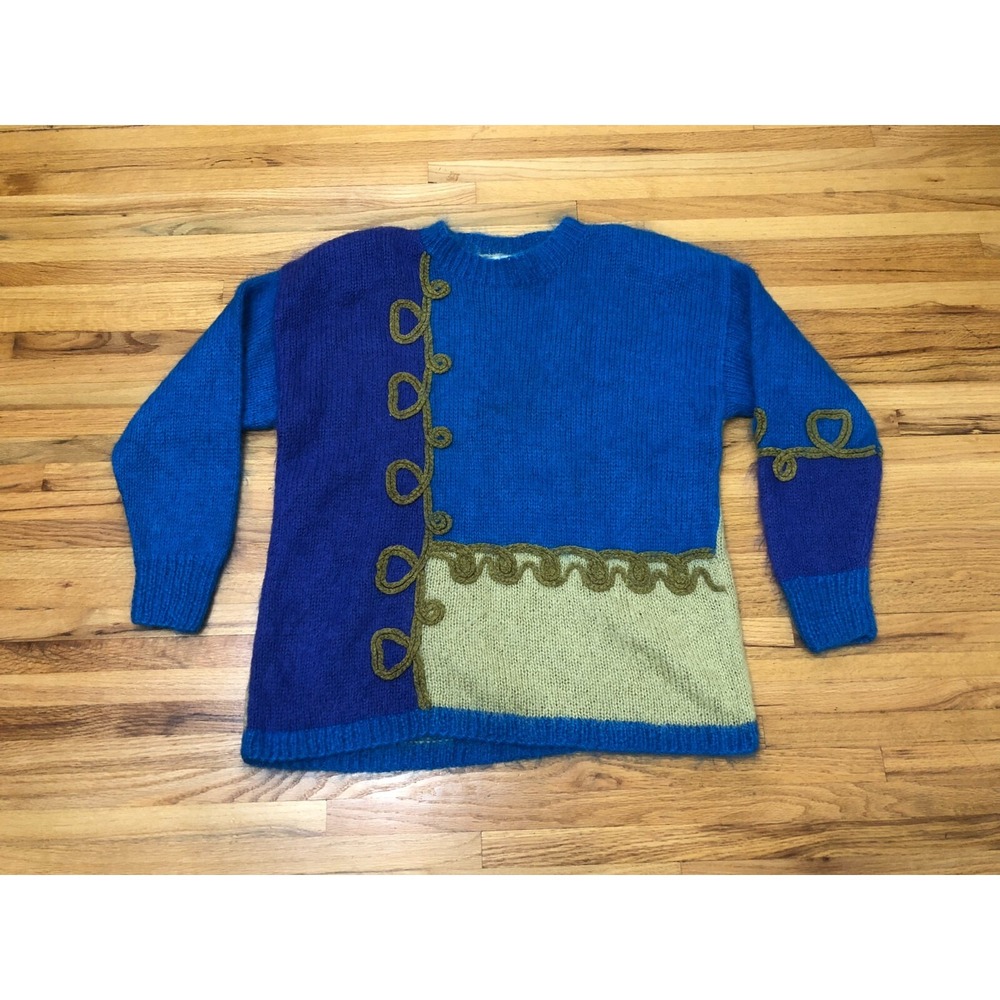 Vintage 80s Express Tricot Fuzzy Sweater Women's L Blue ‎ Colorblock Handknit